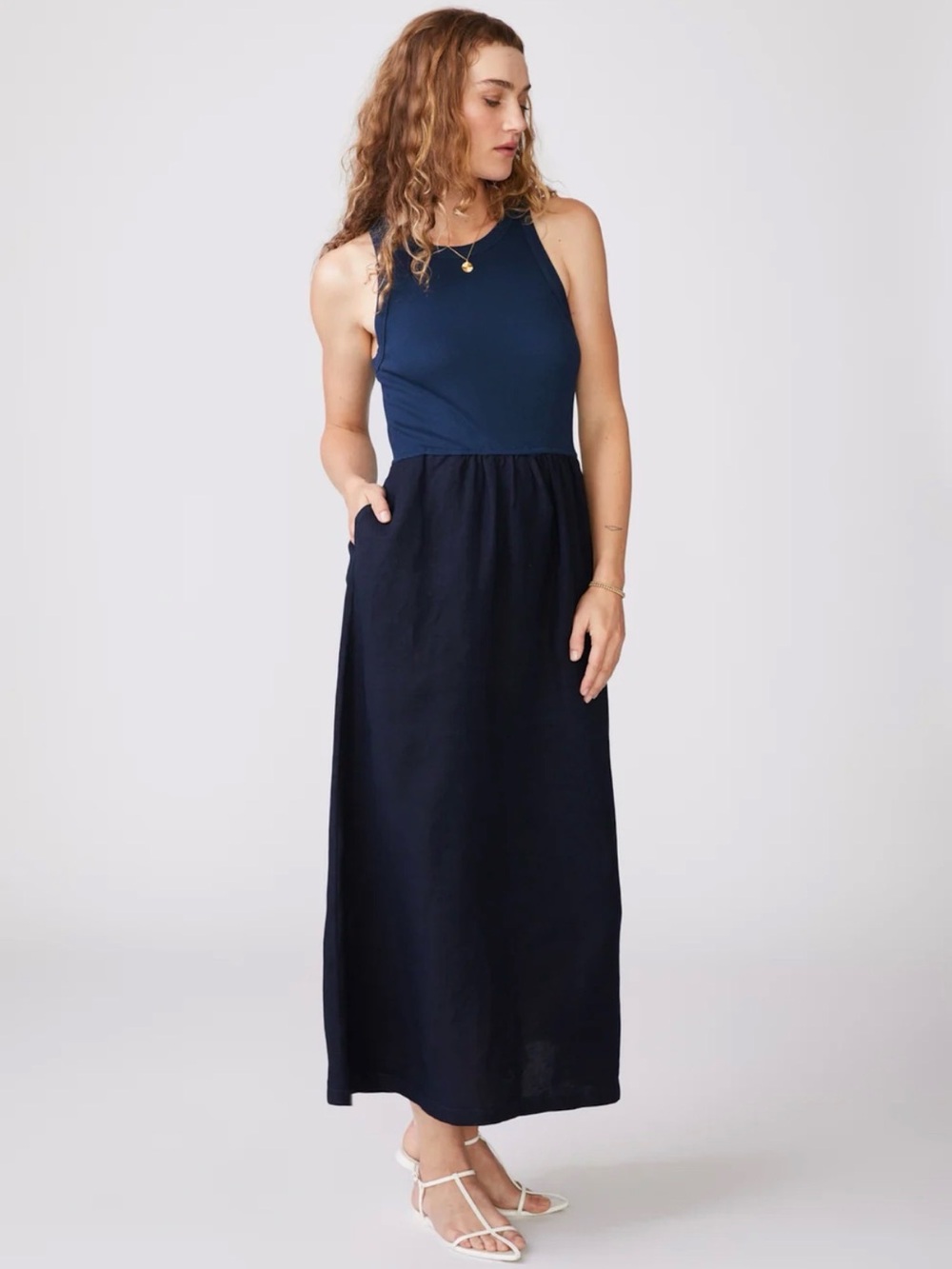 Stateside Linen Mixed Media High Neck Dress in New Navy XS